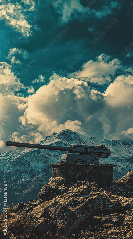 Fototapeta premium heavy duty autocannon is stationed on mountain outpost, surrounded by dramatic clouds and snow capped peaks, showcasing powerful military presence in rugged landscape
