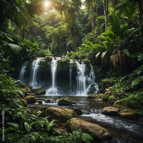 A dense jungle with cascading waterfalls in the heat of summer.