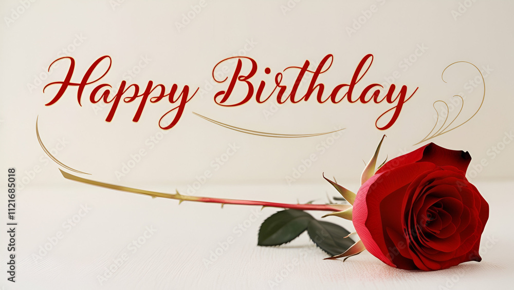 Obraz premium Happy birthday card, red rose, floral decoration, birthday wishes, elegant design, floral accents, birthday greetings, celebration, red rose bouquet, joyful occasion, vibrant flowers, cheerful message