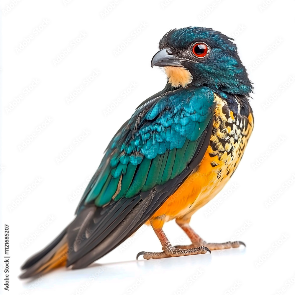 Obraz premium Close-up view of a vibrant cuckoo bird perched isolated on white background.