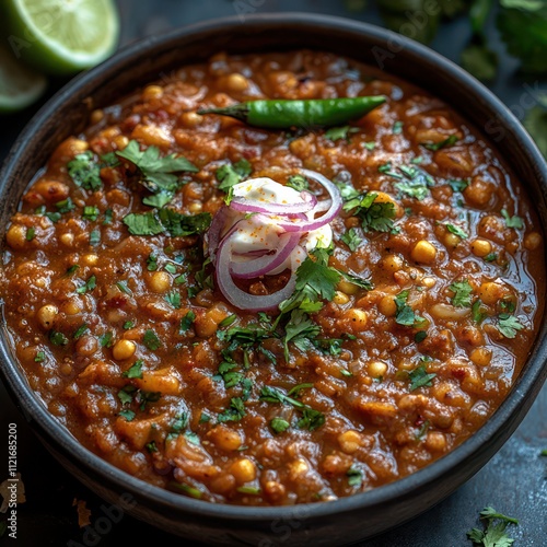 a pakistani cuisine, a traditional plate of haleem topped with fried onions, green chilies, and a dollop of fresh ghee photo