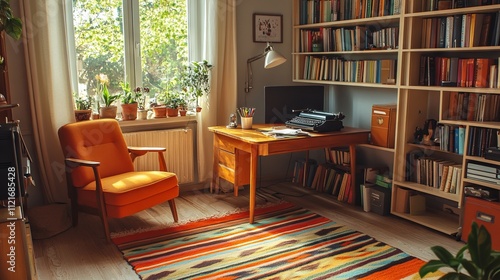 Retro-inspired home office with a typewriter and Scandinavian design. AI generated illustration