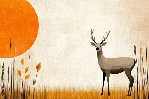 A minimalist flat illustration of a deer standing gracefully, drawn in clean, geometric lines and soft earth tones photo