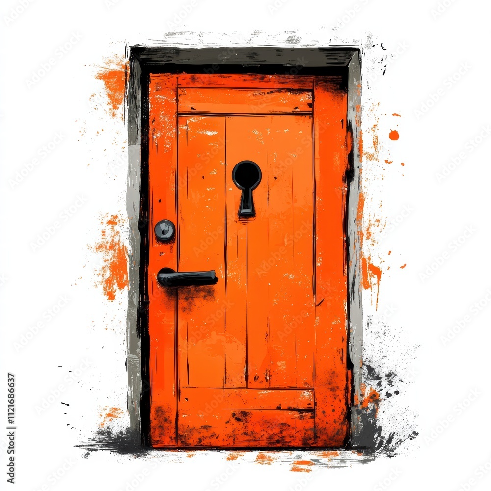 An orange door stands as a focal point with a keyhole, surrounded by a textured wall featuring bright color splashes, creating an inviting and artistic atmosphere An orange door stands as a focal point with a keyhole, surrounded by a textured wall featuring bright color splashes, creating an inviting and artistic atmosphere