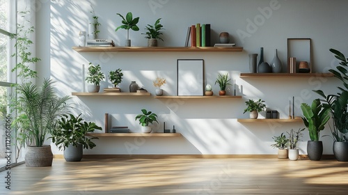 Minimalist Room with Wooden Shelves, Potted Plants, Art Pieces, Warm Sunlight, Serene Ambiance.