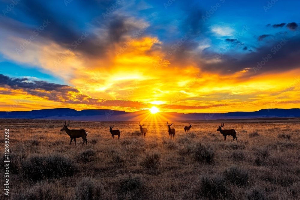 Naklejka premium A photo of a group of deer grazing in an open meadow during golden hour, surrounded by wildflowers and tall grass