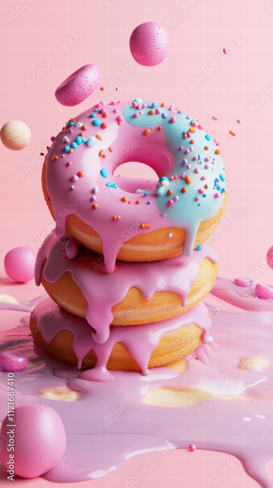 Three donuts in vibrant colors are stacked, coated in pink and blue icing, and sprinkled with colorful bits. The setting features a playful pink backdrop, enhancing the dessert's visual appeal Three donuts in vibrant colors are stacked, coated in pink and blue icing, and sprinkled with colorful bits. The setting features a playful pink backdrop, enhancing the dessert's visual appeal