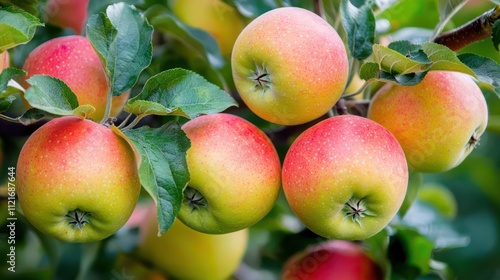 an apple tree branch laden with ripe apples, ready for harvest photo