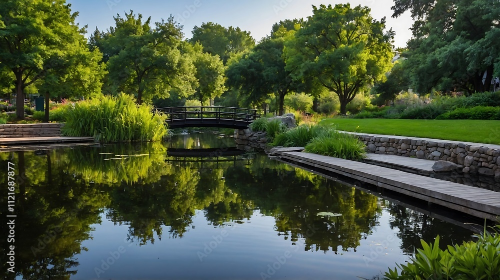 Fototapeta premium Tranquil Garden Pond with Bridge Reflection
