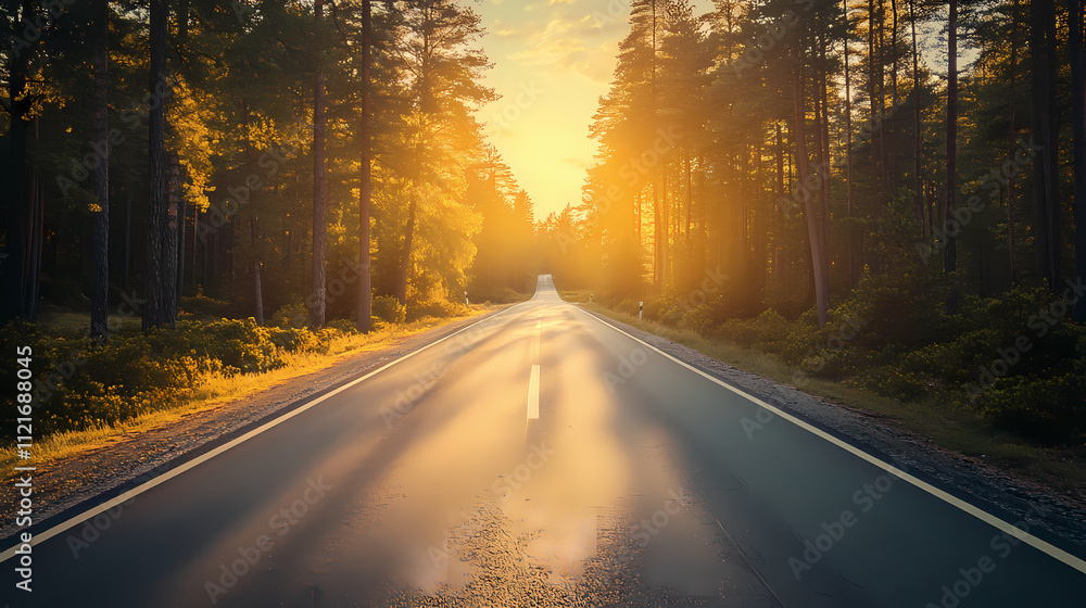 Sunset over a road in pine forest, golden light creating a magical scene. Arcadia. Illustration Sunset over a road in pine forest, golden light creating a magical scene. Arcadia. Illustration