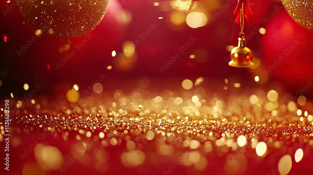 Motion Abstract Background of Glittering gold Particles with lens flare, Defocused gold Particles on red Background. Christmas and Celebration events background, Chinese new year background. Motion Abstract Background of Glittering gold Particles with lens flare, Defocused gold Particles on red Background. Christmas and Celebration events background, Chinese new year background.