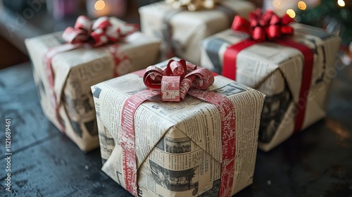 Festively wrapped gifts adorned with colorful ribbons and bows, creating a charming holiday display on a rustic table. photo