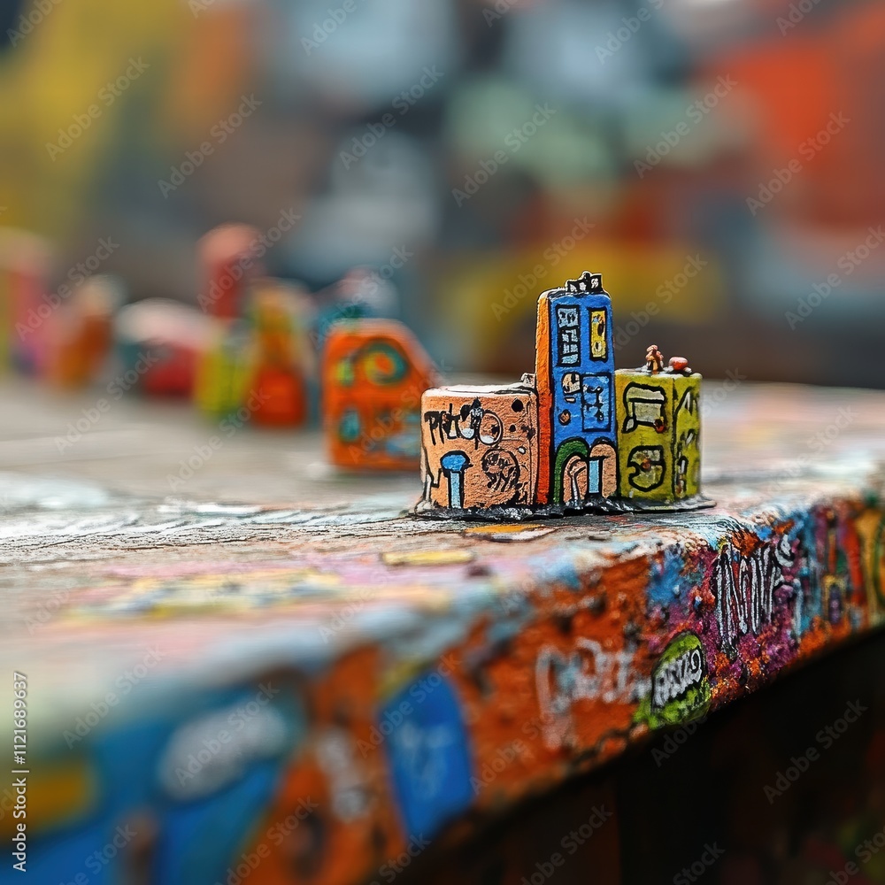 Miniature buildings with bright colors and details rest on a wooden surface covered in graffiti and artwork. The urban art setting showcases creativity and expression Miniature buildings with bright colors and details rest on a wooden surface covered in graffiti and artwork. The urban art setting showcases creativity and expression