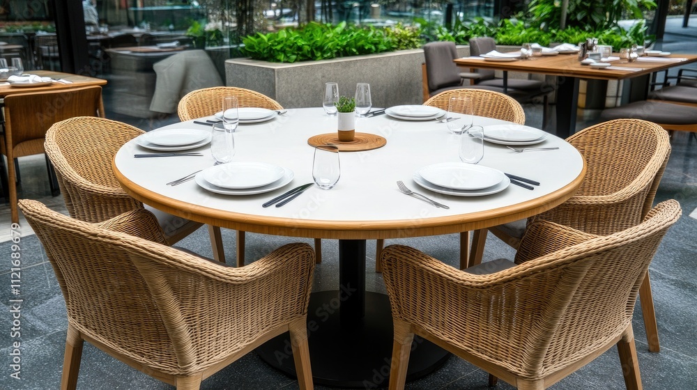 A round dining table showcases a clean and modern design, surrounded by wicker chairs. Natural light illuminates the space, creating a warm atmosphere for guests A round dining table showcases a clean and modern design, surrounded by wicker chairs. Natural light illuminates the space, creating a warm atmosphere for guests