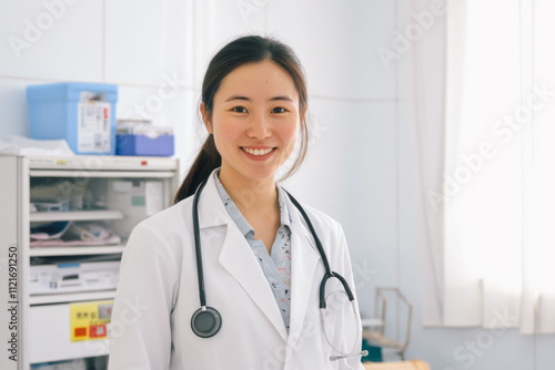 Portrait of a smiling Chinese doctor in his office with a phonondoscope