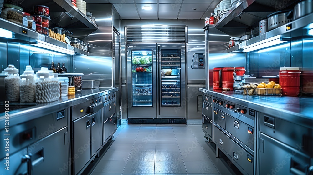 A kitchen, central commercial upright freezer. A kitchen, central commercial upright freezer.