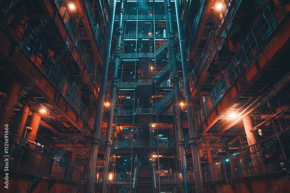 Fototapeta premium Towering Vertical Warehouse with Illuminated Stairs and Shelves