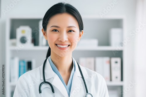 Portrait of a smiling Chinese doctor in his office with a phonondoscope