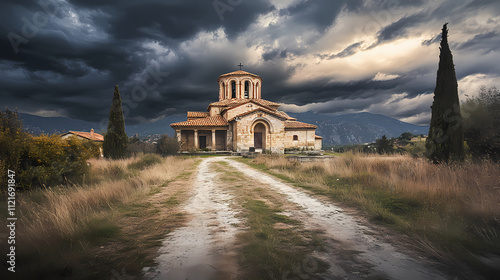 Unique architecture of church of agia foteini in mantineia, greece - a stunning blend of byzantine elements and unconventional design under dramatic dark cloud skies. Arcadia. Illustration photo