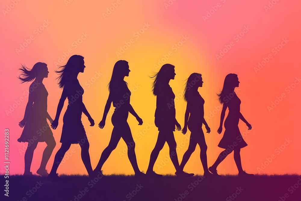 Fototapeta premium Silhouettes of young women walking at sunset with vibrant sky background