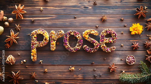 Colorful arrangement of dried flowers spelling prose