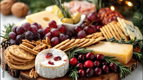 A vibrant Christmas cheese board with a variety of cheeses, crackers, fresh fruits, nuts, and holiday garnishes like cranberries and sprigs of rosemary.