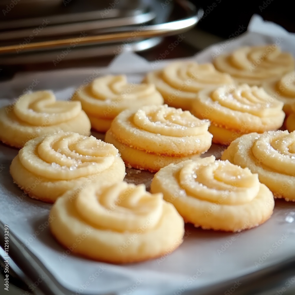 Freshly baked butter cookies are arranged on a tray, showcasing a smooth swirl design topped with granulated sugar, ready for serving or packaging Freshly baked butter cookies are arranged on a tray, showcasing a smooth swirl design topped with granulated sugar, ready for serving or packaging
