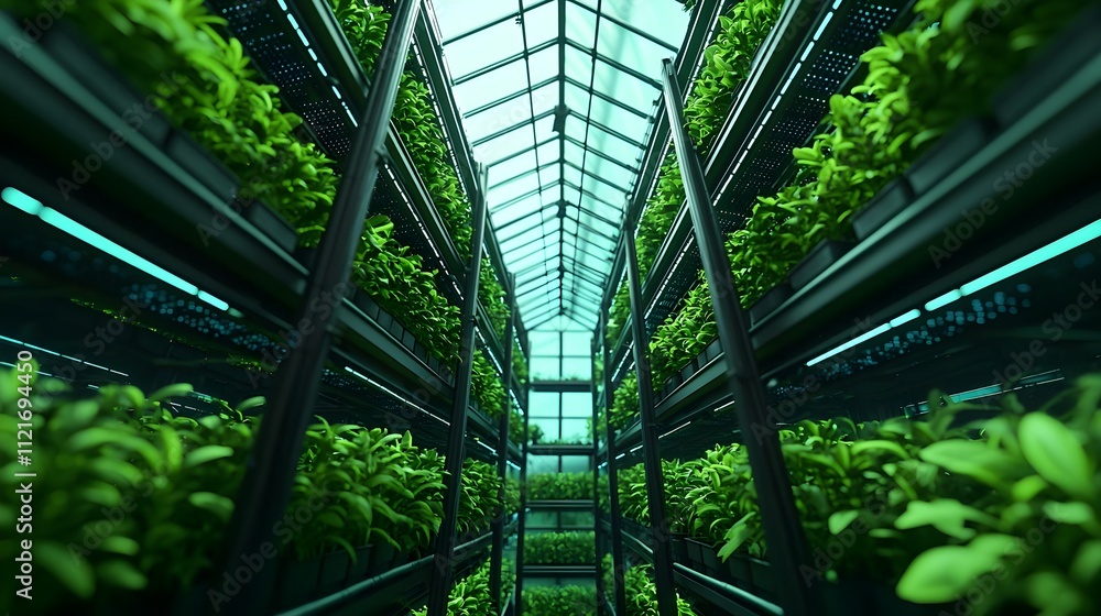 Indoor Vertical Farming Greenhouse with Lush Green Plants Under Artificial Grow Lights Indoor Vertical Farming Greenhouse with Lush Green Plants Under Artificial Grow Lights