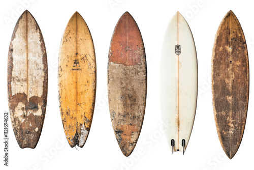 Set of old, used vintage surfboards isolated on a white background.