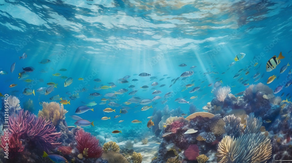 Fototapeta premium Vibrant Reef Fish Swim in Sunlit Ocean Water