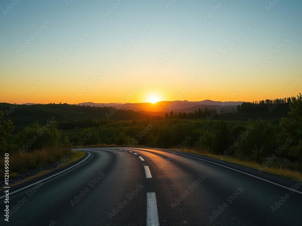 A winding road made of dark asphalt stretches into the distance as the sun sets behind it in a sea of green trees and rolling hills, dark asphalt, wide track A winding road made of dark asphalt stretches into the distance as the sun sets behind it in a sea of green trees and rolling hills, dark asphalt, wide track