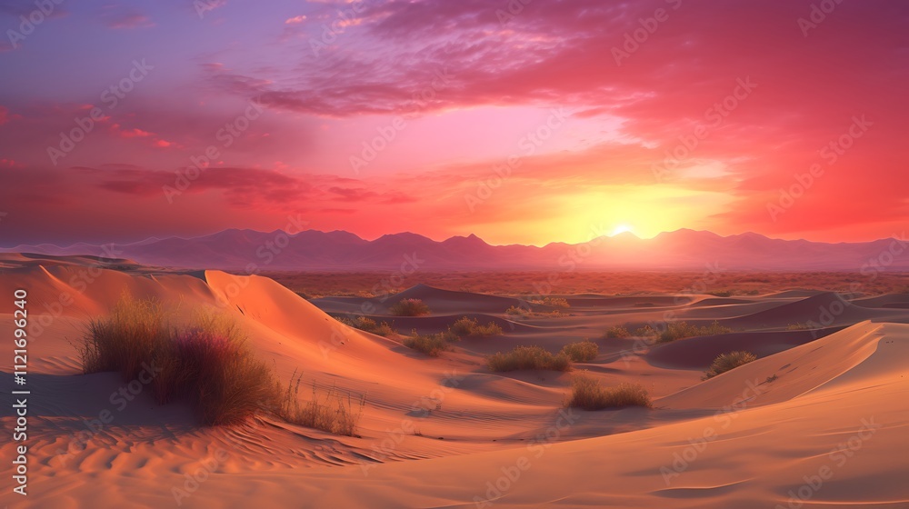 Naklejka premium Desert Sunset Landscape With Rolling Sand Dunes And Mountains