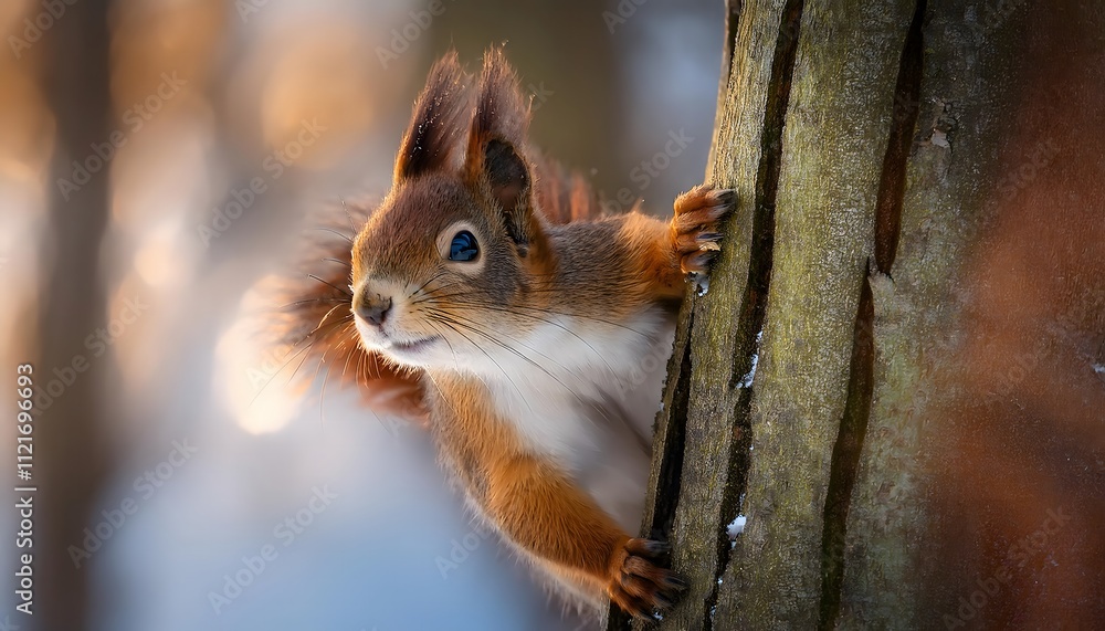 Fototapeta premium Curious Squirrel Peeking on a Tree in Forest