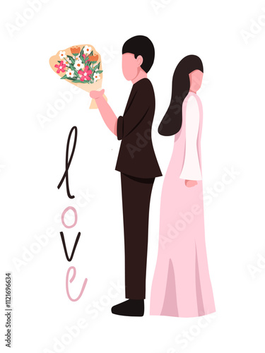 Flat illustration vector of sweet couple standing together and a man holds a bouquet of flowers to give to his girlfriend perfect for engagement, wedding, and romance poster.