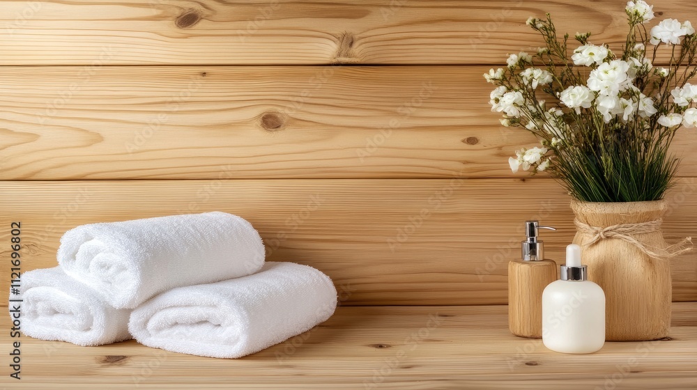 A serene spa setting features a wooden bench with white towels and skincare products, complemented by warm wooden wall panels that enhance the calming atmosphere A serene spa setting features a wooden bench with white towels and skincare products, complemented by warm wooden wall panels that enhance the calming atmosphere