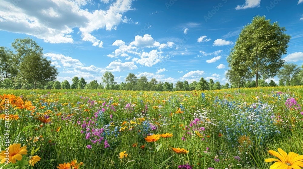 Vibrant wildflowers bloom in a sunny meadow under a blue sky with fluffy clouds and trees. Vibrant wildflowers bloom in a sunny meadow under a blue sky with fluffy clouds and trees.