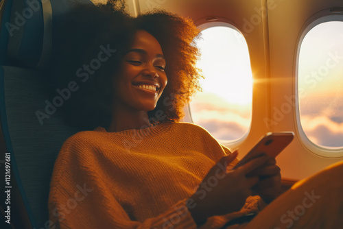 Portrait of a beautiful joyful smiling Afro-American woman of about 30 years sitting near the porthole on an airplane in his hands with a smartphone