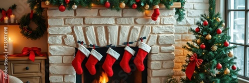 A close-up shot of a festive Christmas-tree stocking hanging on a fireplace mantle, decor, traditional, chimney photo