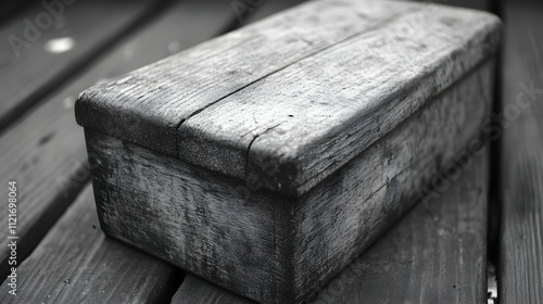 Weathered wooden box on dark wood planks.