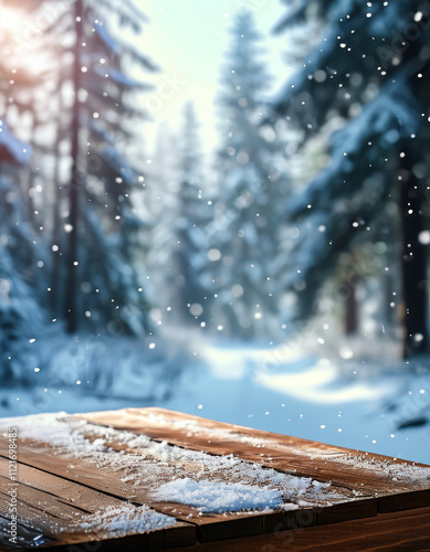 Product podium mock up, serene winter wonderland with frozen wooden table for product display presentation, snowy nature background, Christmas celebration, winter holiday