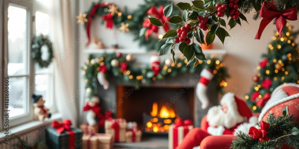 A close-up shot of a vibrant red Christmas stocking with fluffy white trim hanging from a fireplace, holly, red and white, cozy A close-up shot of a vibrant red Christmas stocking with fluffy white trim hanging from a fireplace, holly, red and white, cozy