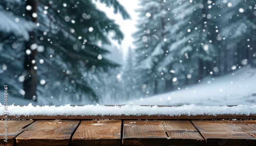 Product podium mock up, serene winter wonderland with frozen wooden table for product display presentation, snowy nature background, Christmas celebration, winter holiday Product podium mock up, serene winter wonderland with frozen wooden table for product display presentation, snowy nature background, Christmas celebration, winter holiday