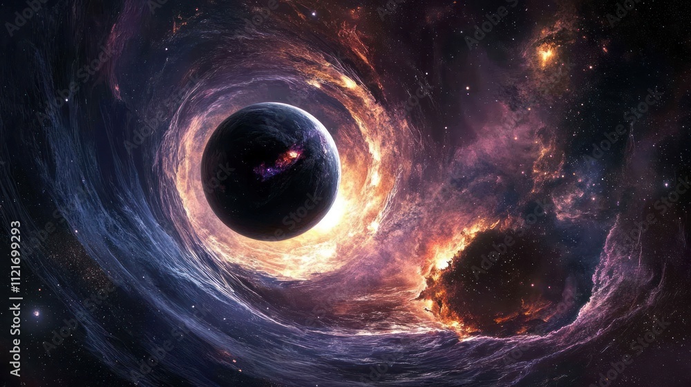 Cosmic scene featuring a dark planet in swirling space Cosmic scene featuring a dark planet in swirling space