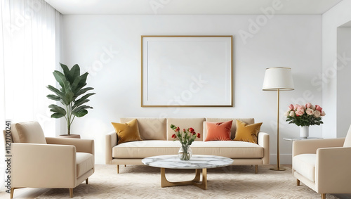 Mock up poster frame in modern interior with leather sofa and accessories in the room. Frame & poster mockup in Boho style interior. 3d illustration