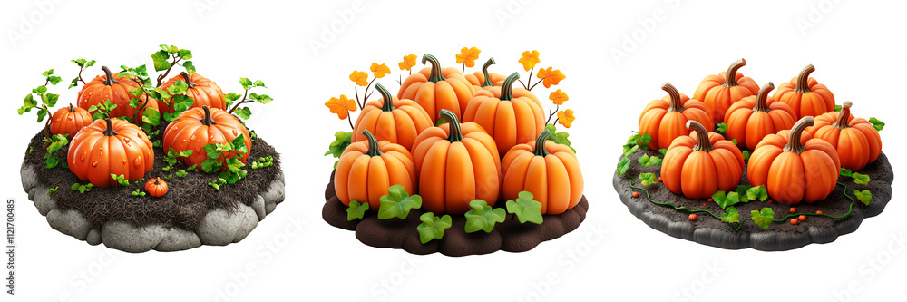A pumpkin patch with ripe orange pumpkins on dark soil with green vines and leaves scattered around 3D illustration isolated on white and transparent background A pumpkin patch with ripe orange pumpkins on dark soil with green vines and leaves scattered around 3D illustration isolated on white and transparent background