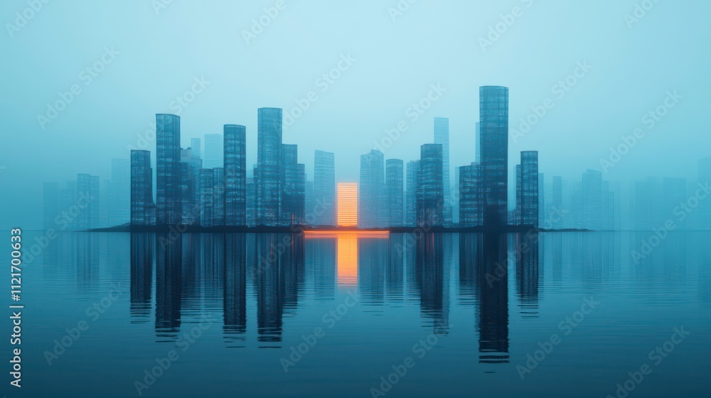Obraz premium Serene Urban Landscape with Fog, Reflected Skyscrapers, and Vibrant Sunset Glow Over a Calm Body of Water in a Futuristic Cityscape