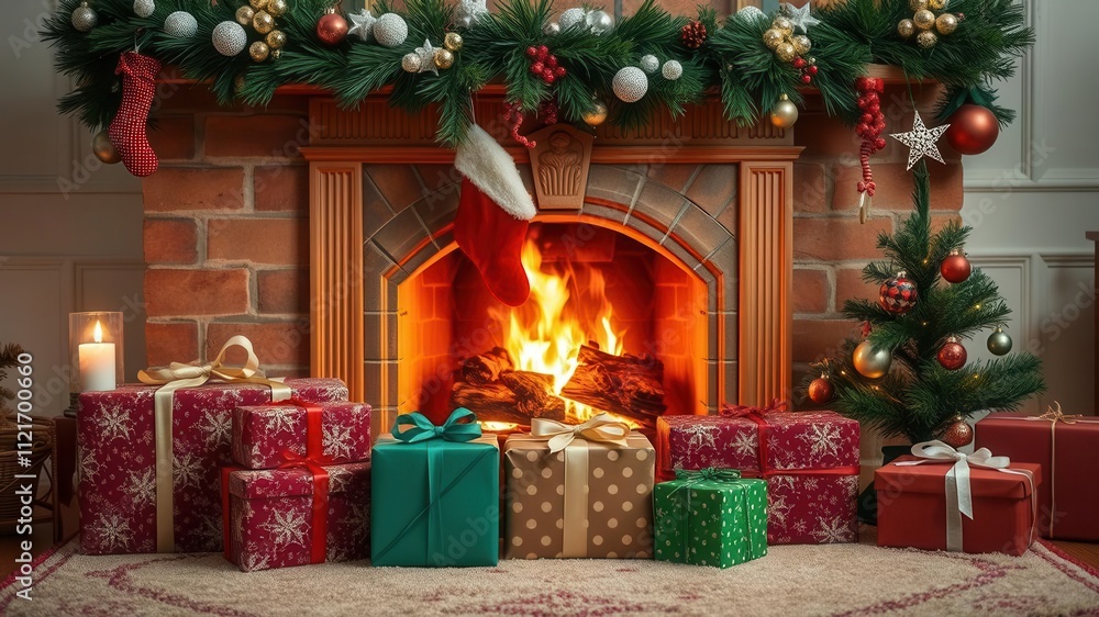 A festive Christmas stocking adorned with a classic Christmas tree design, hanging decoratively by the fireplace, presents, fireplace, classic A festive Christmas stocking adorned with a classic Christmas tree design, hanging decoratively by the fireplace, presents, fireplace, classic