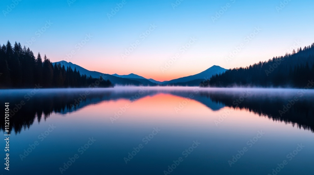 Serene Sunrise Over Tranquil Lake Surrounded by Majestic Mountains and Lush Forests, Capturing the Beauty of Nature and Reflection in Still Waters