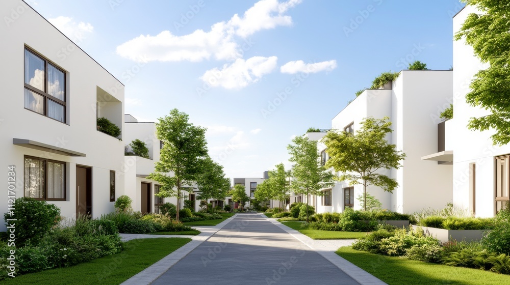 Modern Residential Street Surrounded by Lush Greenery and Contemporary Architecture, Showcasing Sustainable Living in an Urban Environment Modern Residential Street Surrounded by Lush Greenery and Contemporary Architecture, Showcasing Sustainable Living in an Urban Environment