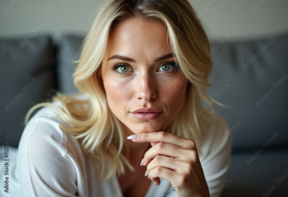 A close-up portrait of a blonde woman with green eyes, looking directly at the camera. A close-up portrait of a blonde woman with green eyes, looking directly at the camera.